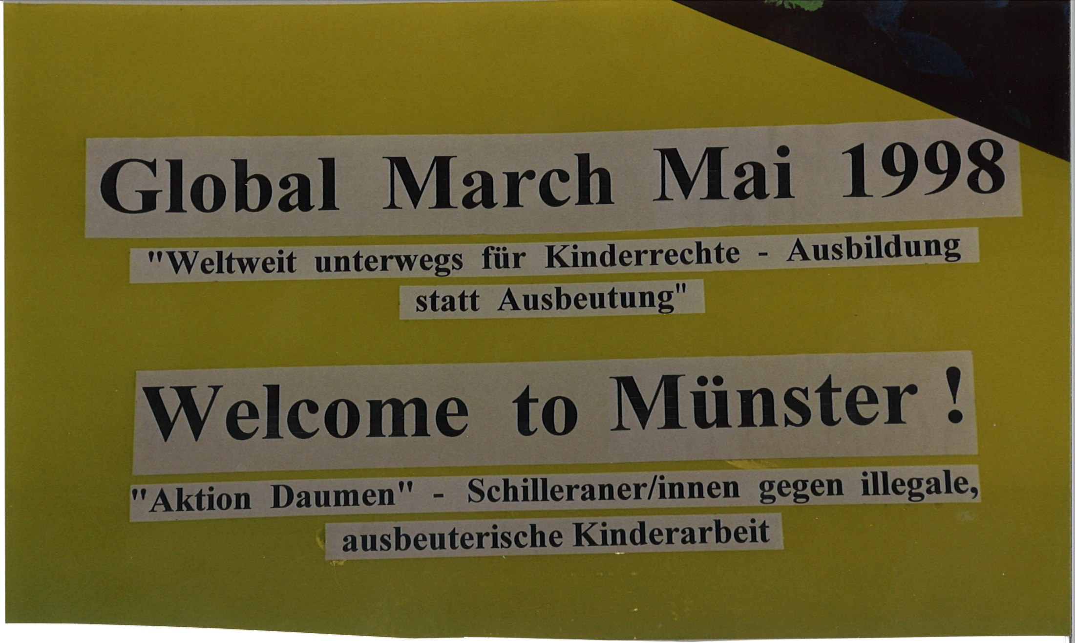 Willkommensplakat Global March Mai 1998, Welcome to Münster