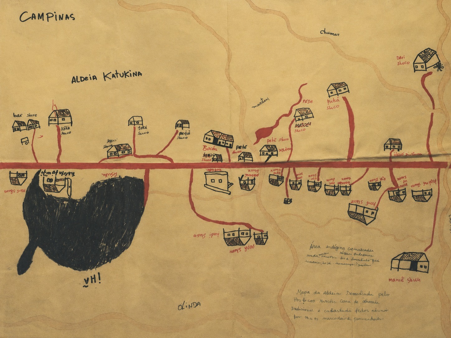Gemalte Karte der Aldeia Katukina, Amazonas — Lebensraum indigener Gemeinschaften
